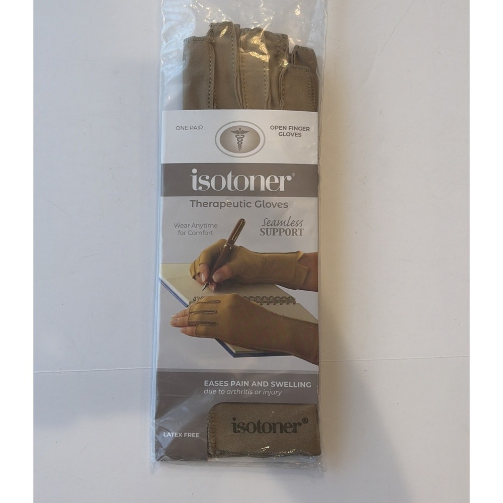 Isotoner Therapeutic Gloves Open Finger Camel Size Large Compression Pain Relief - Picture 1 of 7